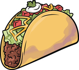 Cartoon taco illustration with ground beef, lettuce, cheese, tomato, sour cream, colorful Mexican fast food clipart, isolated on white background