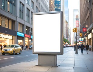 A blank outdoor advertising billboard stands prominently on a city sidewalk amidst urban buildings, a street with a yellow car, and pedestrians.