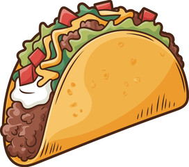 Cartoon taco illustration with ground beef, lettuce, cheese, tomato, sour cream, colorful Mexican fast food clipart, isolated on white background