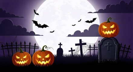 Spooky halloween night with carved pumpkins, bats, and a full moon over a graveyard