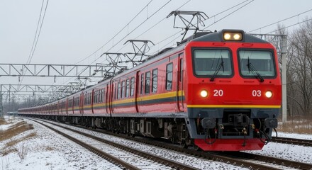 Fototapeta premium Red electric train traveling through a snowy landscape on winter day