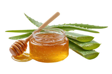 Honey and aloe vera in a glass jar.  Fresh, natural ingredients.  Wooden honey dipper.  Healthy, skin care concept