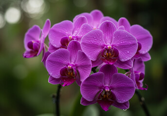 A cluster of vibrant purple orchid flowers, some with water droplets, are in full bloom against a soft, blurred green background.