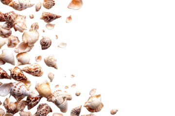 Seashells falling against a black backdrop