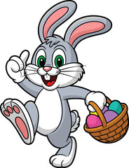 Cute cartoon Easter bunny with basket full of colorful eggs, happy spring rabbit illustration, festive holiday character, kids clipart