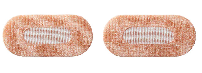 Two light beige, oval-shaped medical adhesive bandages with a centered,  translucent fabric patch