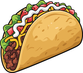Cartoon taco illustration with ground beef, lettuce, cheese, tomato, sour cream, colorful Mexican fast food clipart, isolated on white background