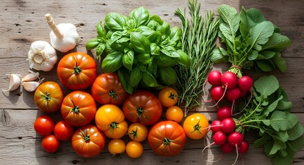 Flat lay overhead shot of a abundant selection of fresh, vibrant farmer's market produce: heirloom tomatoes, fresh basil, sprigs of rosemary, garlic bulbs, and a bunch of radishes with green tops