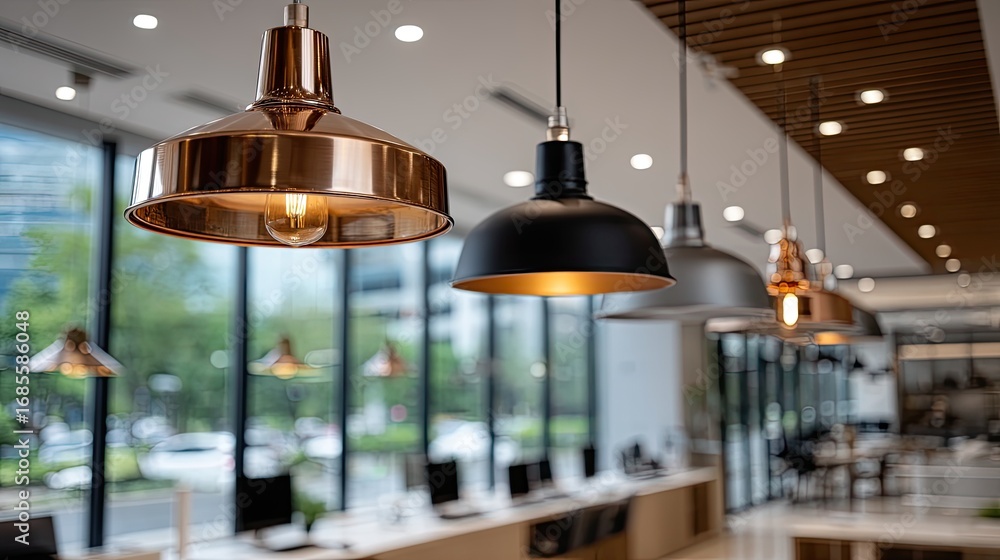 Poster hanging light fixtures with varied designs create an inviting atmosphere in a contemporary setting w