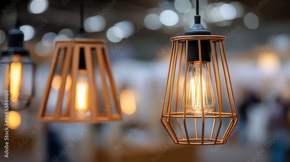 Poster hanging light fixtures with varied designs create an inviting atmosphere in a contemporary setting w