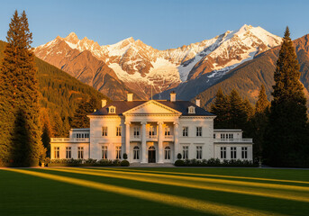 Luxury mansion estate with snow-capped mountains at sunrise