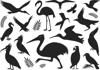 Silhouettes of exotic tropical birds in flight and standing, including flamingo and heron, with palm leaves, wildlife vector illustration