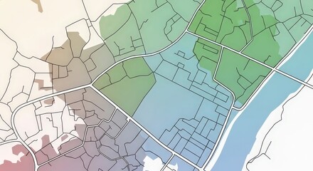 Cadastral map of a city showing property boundaries and roads. Urban planning and land management concept. Real estate visualization.