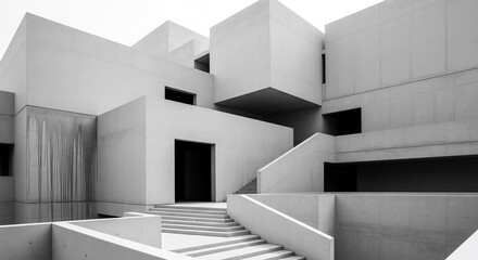 Minimalist brutalist architecture in black and white with stairs