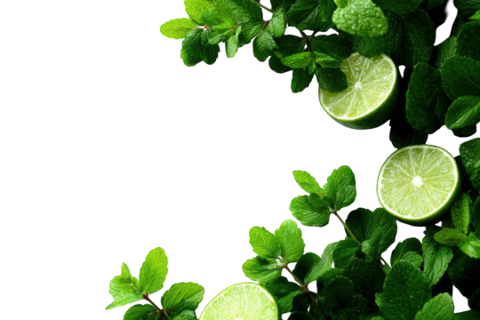Fresh limes and mint leaves on black background