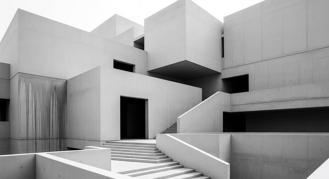 Minimalist brutalist architecture in black and white with stairs