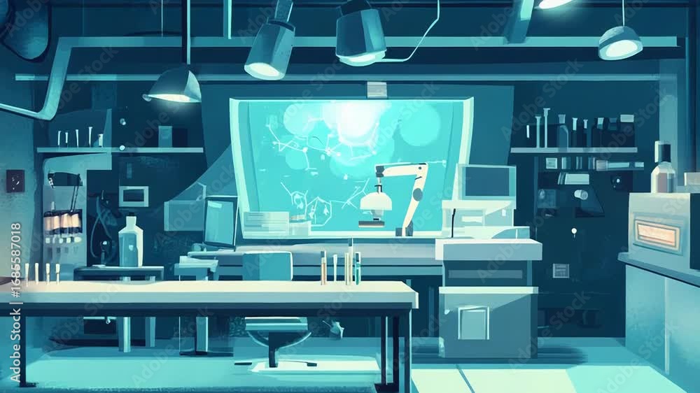 Poster modern laboratory showing advanced equipment and futuristic window displaying molecular structures