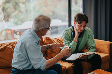 A senior mentor helps a young student understand study material during a cozy home session. The...