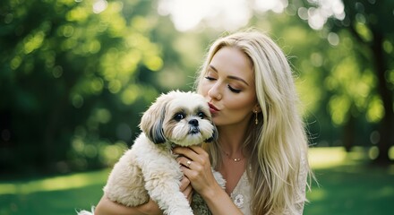 A woman joyfully kissing her adorable dog, radiating love and affection in the garden. The furry companion and the smiling woman share a special bond of love.