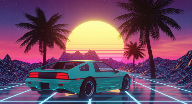 Retrowave 80s car driving on a neon grid with a sunset