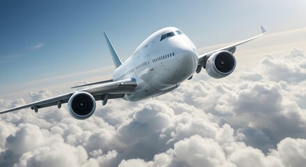 Obraz premium A majestic airplane soaring through a sky filled with fluffy clouds, symbolizing travel and adventure. The airplane is captured mid-flight against a beautiful blue sky