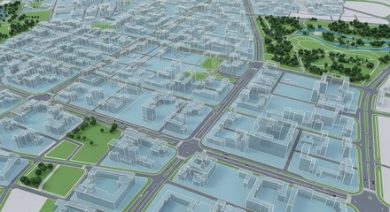 Digital urban layout with transparent buildings and roads. Cadastral map concept for city planning and real estate development.