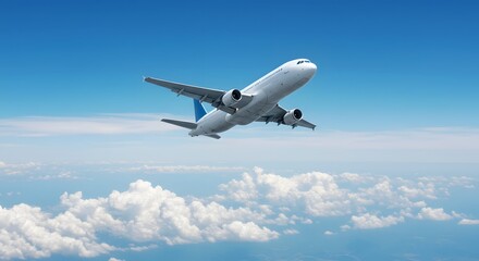 Fototapeta premium An airplane flying high above fluffy clouds, soaring through the clear blue sky. The airplane appears to be in mid-flight, a symbol of travel and adventure