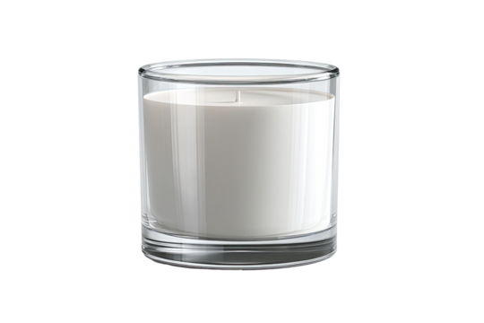 Clear glass candle jar, cylindrical shape, filled with white wax and a lit candle