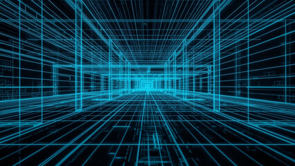 Neon Wireframe Architecture Blueprint Glow