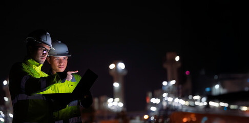 Industrial engineer night inspection at refinery or petrochemical plant walkie-talkie hand and...