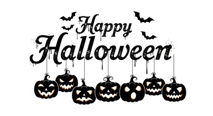 Fototapeta premium Happy halloween text with carved pumpkins hanging isolated on white background