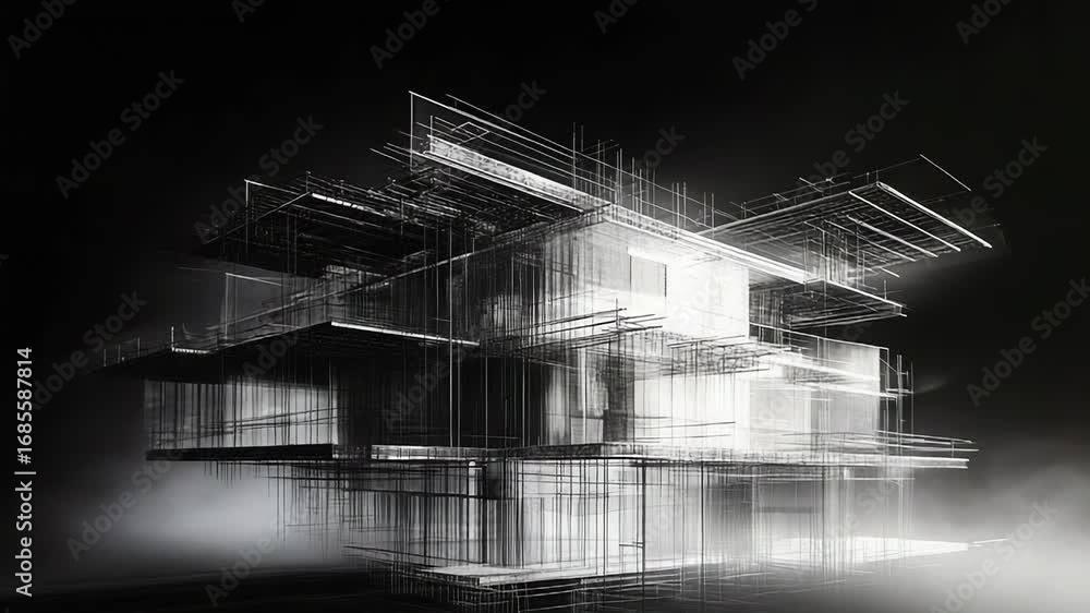 Poster modern wireframe building emerging from fog on black background