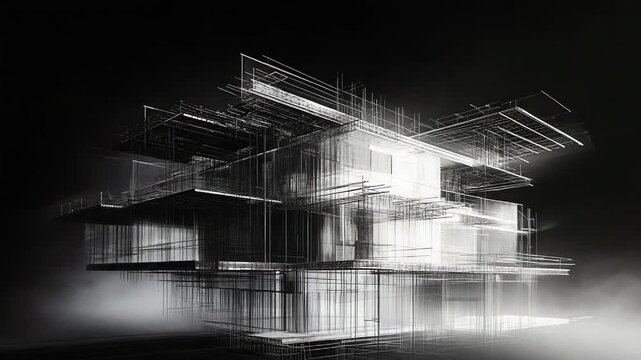 Modern wireframe building emerging from fog on black background