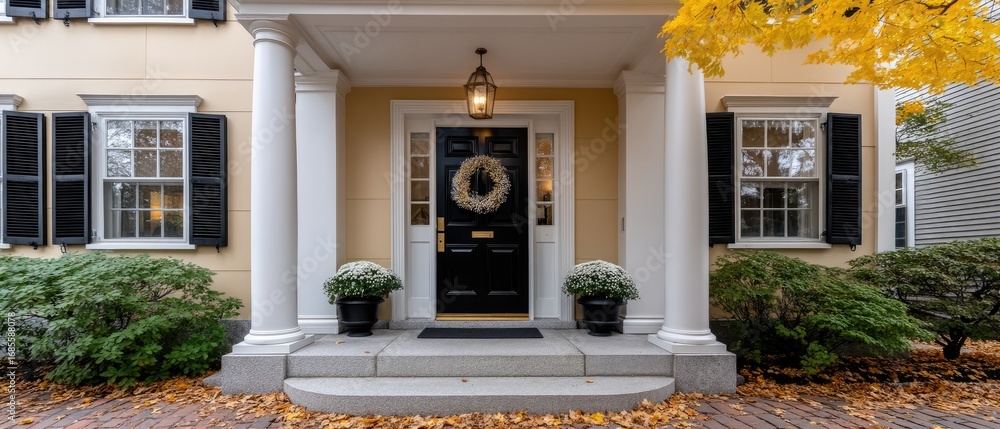 Poster this inviting house features classic architecture with a charming front porch and colorful foliage, 