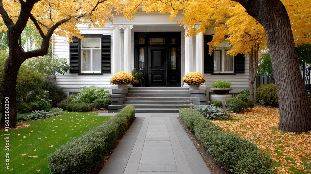 Poster this inviting house features classic architecture with a charming front porch and colorful foliage, 