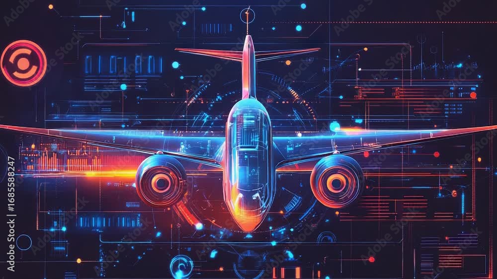Poster airplane flying through futuristic digital data visualization interface