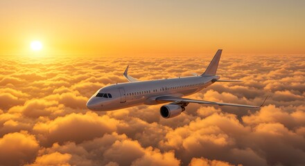 Fototapeta premium An airplane soaring through a sea of clouds at sunset. The scene evokes a sense of freedom and travel with a bright orange and yellow color palette 