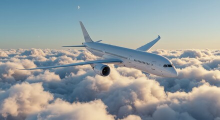 Obraz premium An airplane soars gracefully through a sea of fluffy clouds under a clear blue sky, representing travel and aviation