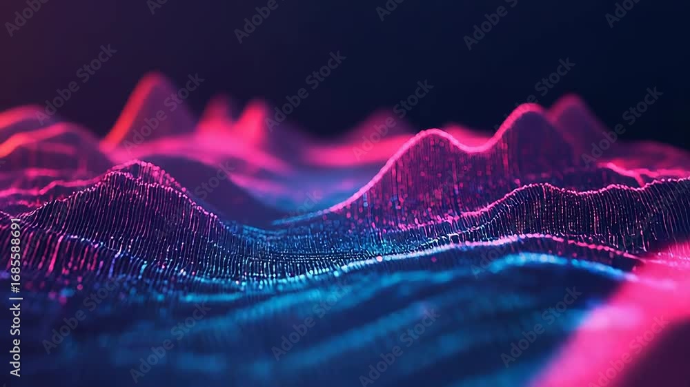 Poster abstract futuristic pink and blue particle wave representing digital data flowing