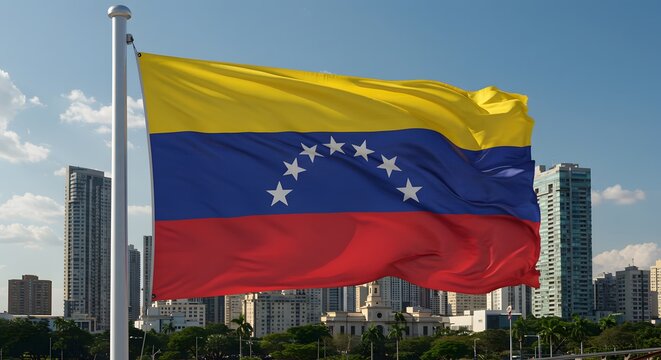 A vibrant Venezuelan flag waving in the wind with a city backdrop. The flag is a symbol of patriotism and national pride. It is a striking image that captures the essence of Venezuela