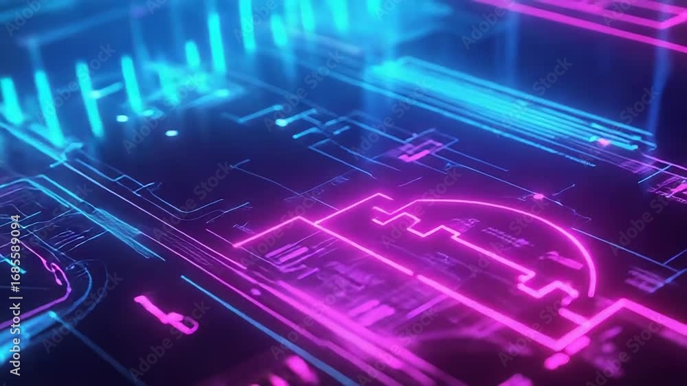 Poster futuristic neon glowing user interface displaying complex data analysis
