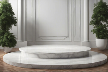 An elegant and radiant photo designed for product presentations, showcasing a sleek white marble podium for a sophisticated look. Generative AI