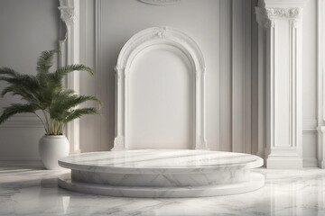 An elegant and radiant photo designed for product presentations, showcasing a sleek white marble podium for a sophisticated look. Generative AI