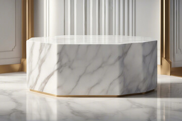 An elegant and radiant photo designed for product presentations, showcasing a sleek white marble podium for a sophisticated look. Generative AI