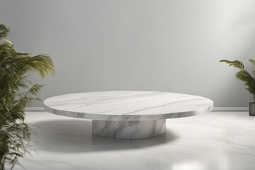 An elegant and radiant photo designed for product presentations, showcasing a sleek white marble podium for a sophisticated look. Generative AI