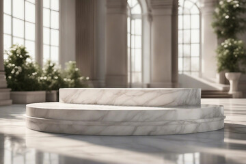 An elegant and radiant photo designed for product presentations, showcasing a sleek white marble podium for a sophisticated look. Generative AI