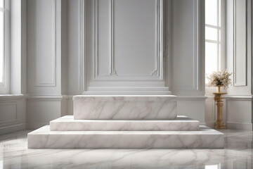 An elegant and radiant photo designed for product presentations, showcasing a sleek white marble podium for a sophisticated look. Generative AI