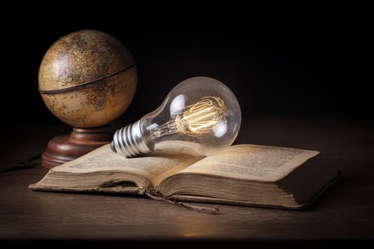 light bulb with the world inside, placed on an open book