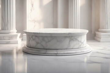 An elegant and radiant photo designed for product presentations, showcasing a sleek white marble podium for a sophisticated look. Generative AI