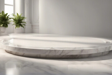 An elegant and radiant photo designed for product presentations, showcasing a sleek white marble podium for a sophisticated look. Generative AI